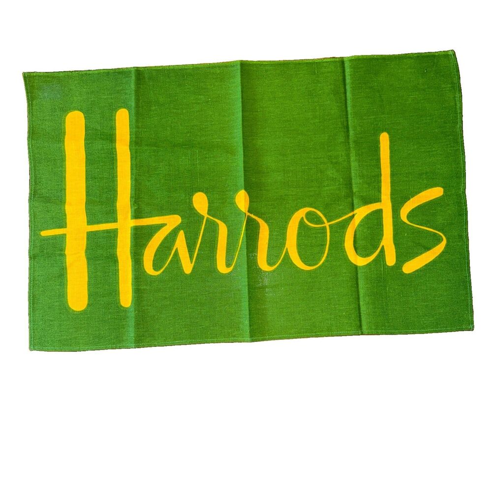 Vintage Harrods Irish Linen Tea Towel Ulster Green 1960 70s Retro Typography NEW